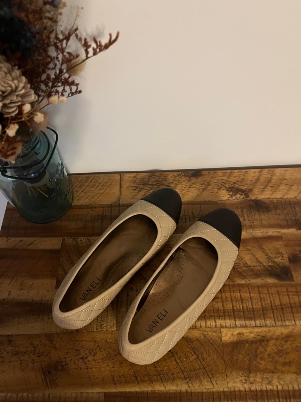 Vaneli Quilted Beige Ballet Flats with Black Cap Toe